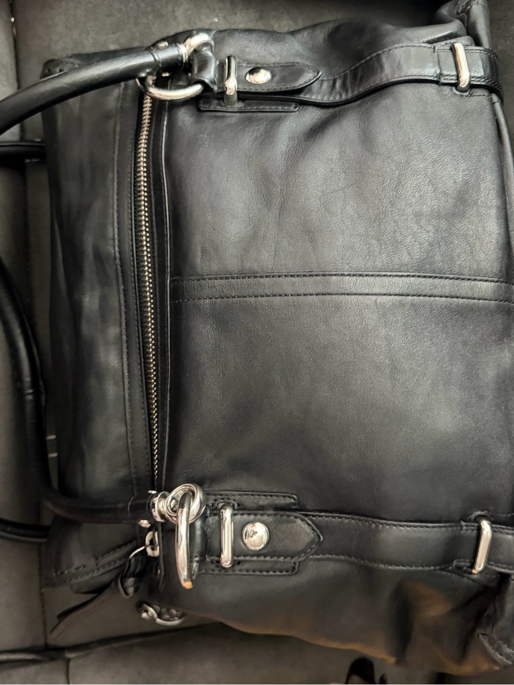 black leather Coach XL Hampton Tote featuring silver-tone hardware. - Picture 3 of 6